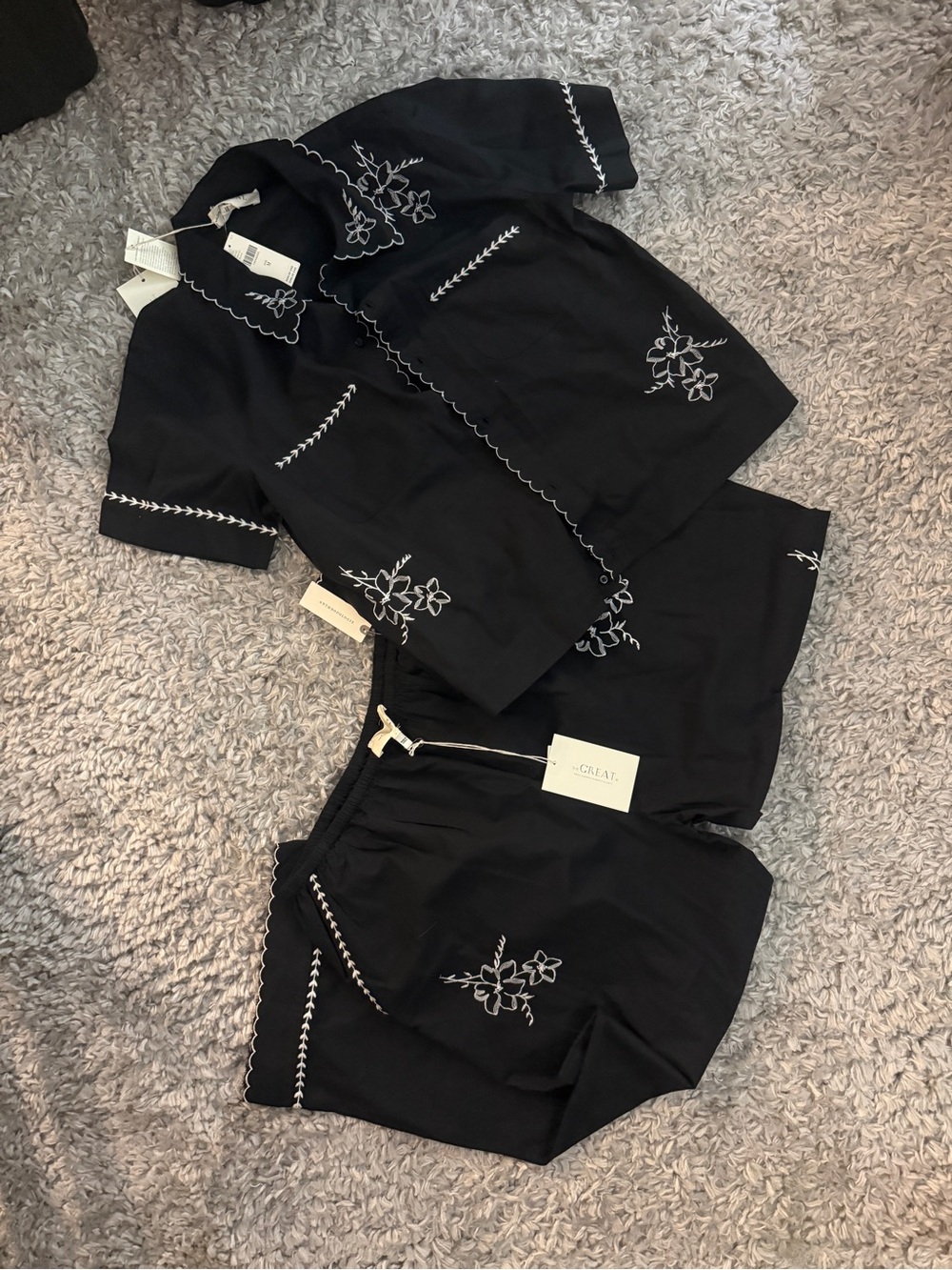 THE GREAT. Black Drawstring Pants with White Embroidered Trim